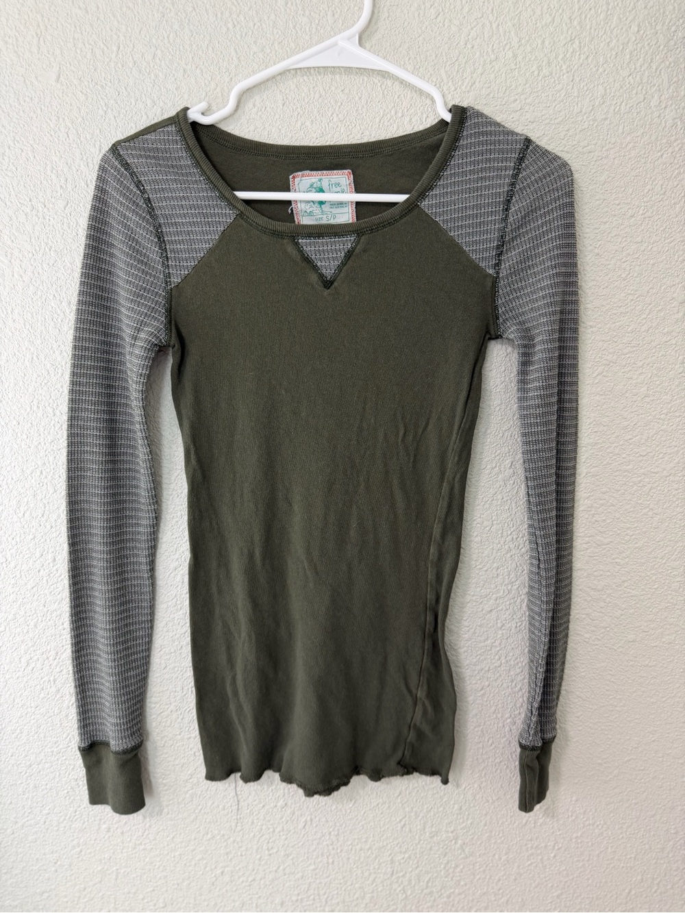 Free People Olive Green Crewneck Thermal Top with Heather Accent